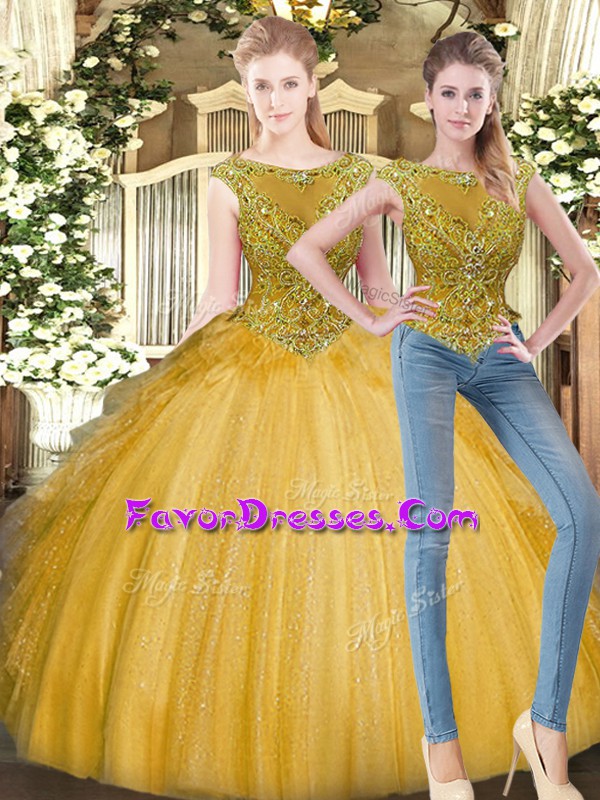 Low Price Gold Ball Gowns Tulle Scoop Sleeveless Beading and Ruffles Floor Length Zipper Quinceanera Dresses