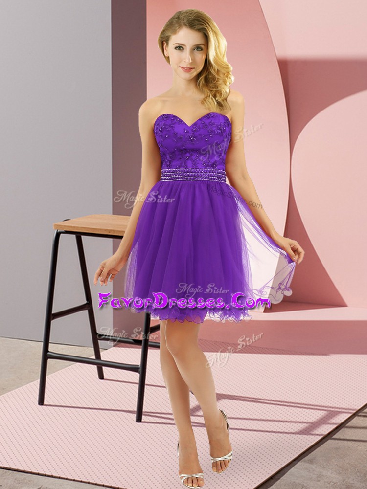  Purple Zipper Sweetheart Beading Prom Evening Gown Tulle Sleeveless