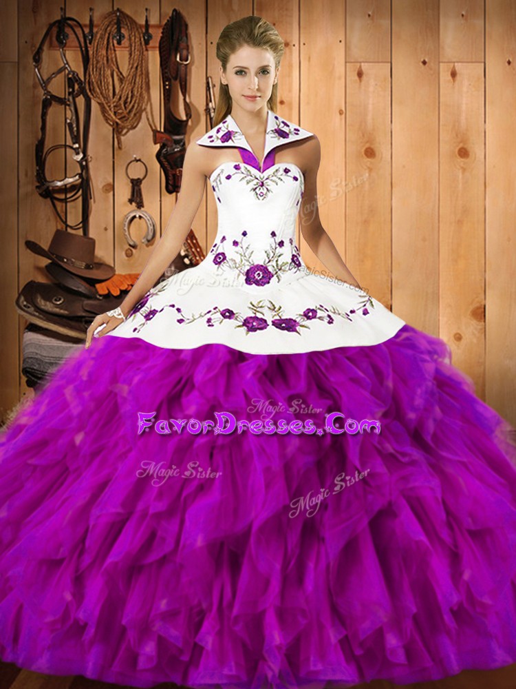 Custom Fit Fuchsia Sleeveless Floor Length Embroidery and Ruffles Lace Up Quinceanera Dresses
