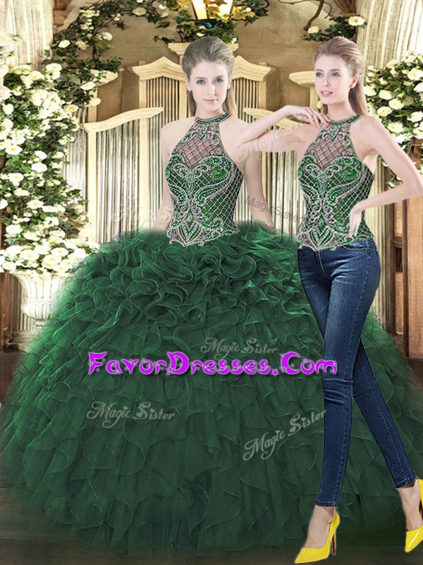  Sleeveless Organza Floor Length Lace Up Quinceanera Dress in Dark Green with Beading and Ruffles