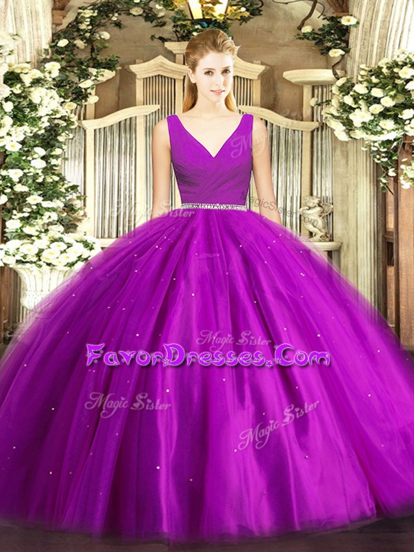 Delicate Ball Gowns Quinceanera Gown Purple V-neck Tulle Sleeveless Floor Length Zipper