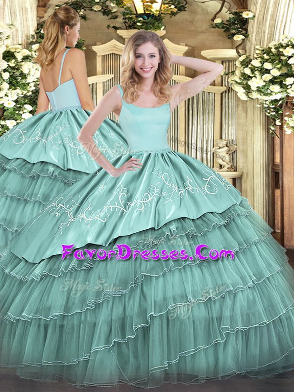 Exquisite Blue Ball Gowns Organza Straps Sleeveless Embroidery and Ruffled Layers Floor Length Zipper Sweet 16 Quinceanera Dress