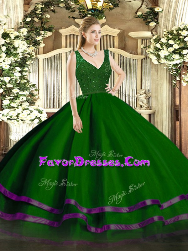  Green Zipper V-neck Beading and Ruffled Layers Quince Ball Gowns Tulle Sleeveless