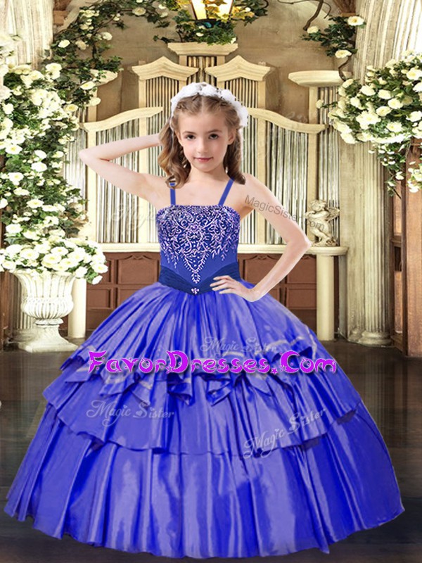 Best Blue Ball Gowns Beading and Ruffled Layers Little Girls Pageant Gowns Lace Up Organza Sleeveless Floor Length