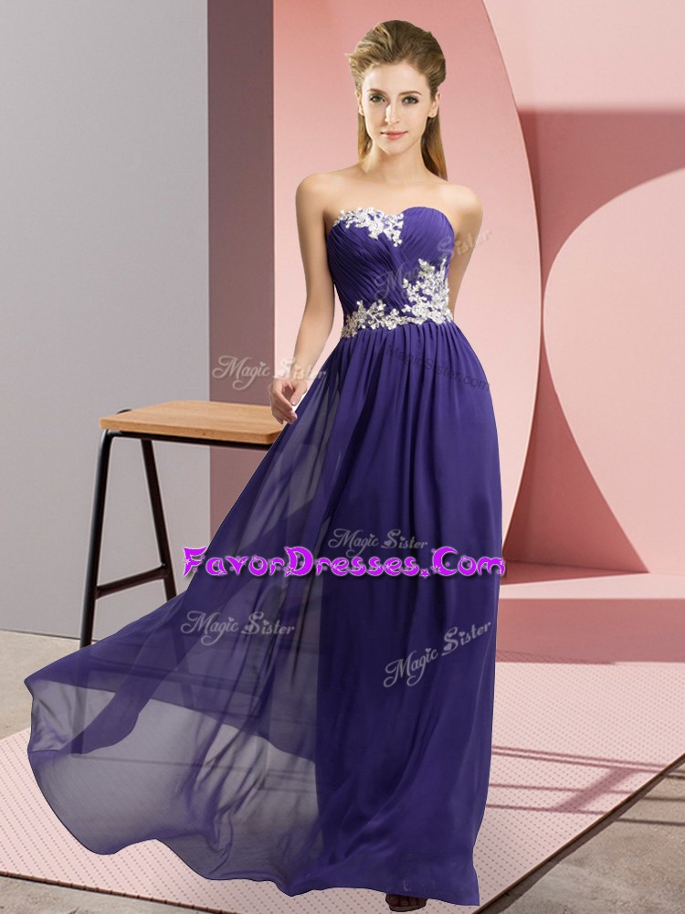 Superior Floor Length Purple Prom Dresses Chiffon Sleeveless Appliques