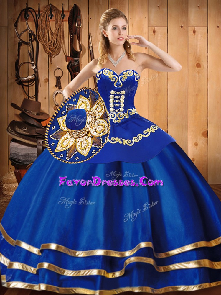 Shining Blue Lace Up Quinceanera Gowns Embroidery Sleeveless Floor Length