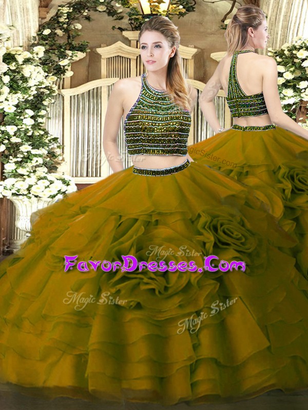  Two Pieces Quinceanera Gown Olive Green Halter Top Tulle Sleeveless Floor Length Zipper