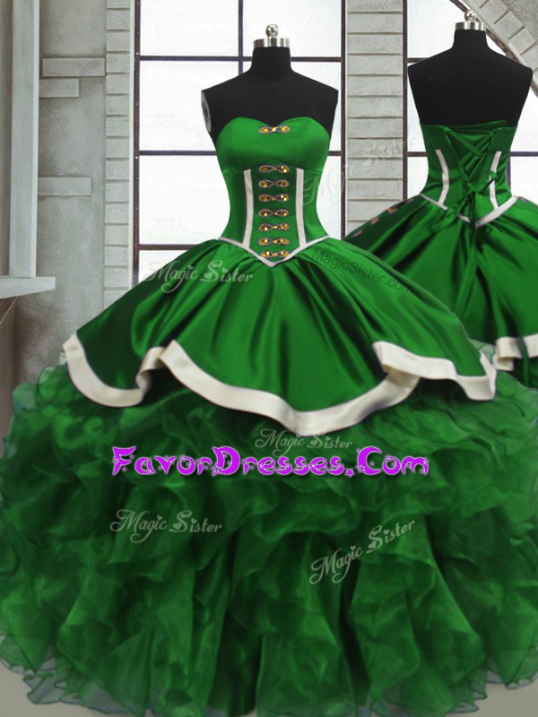  Sleeveless Floor Length Beading and Ruffles Lace Up Vestidos de Quinceanera with Green