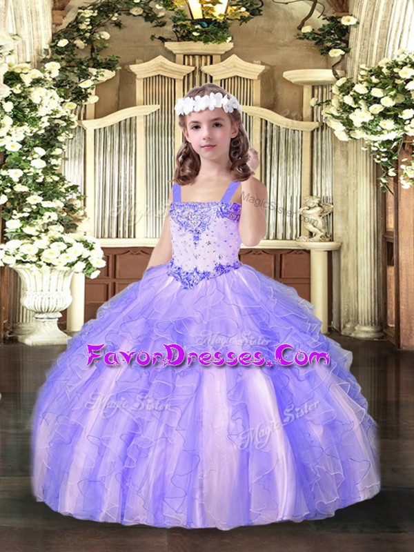  Lavender Straps Neckline Beading and Ruffles Glitz Pageant Dress Sleeveless Lace Up