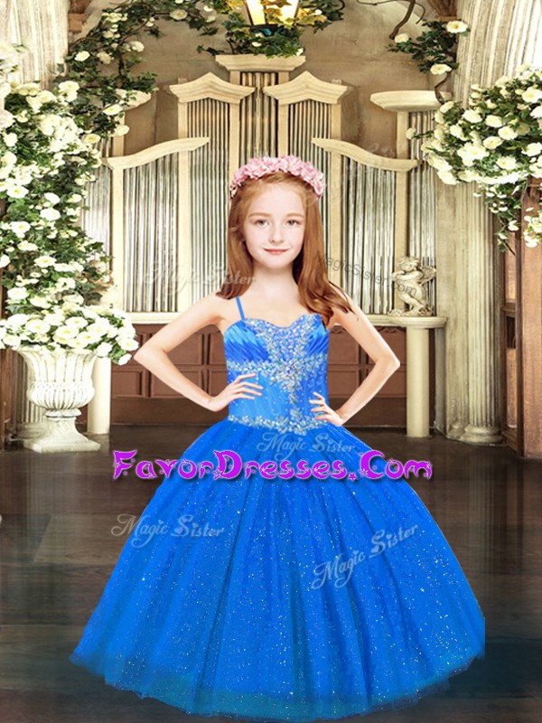 Attractive Blue Tulle Lace Up Spaghetti Straps Sleeveless Floor Length Kids Pageant Dress Beading