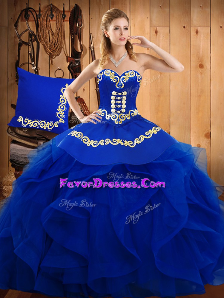 Designer Organza Sweetheart Sleeveless Lace Up Embroidery and Ruffles Quinceanera Gowns in Blue