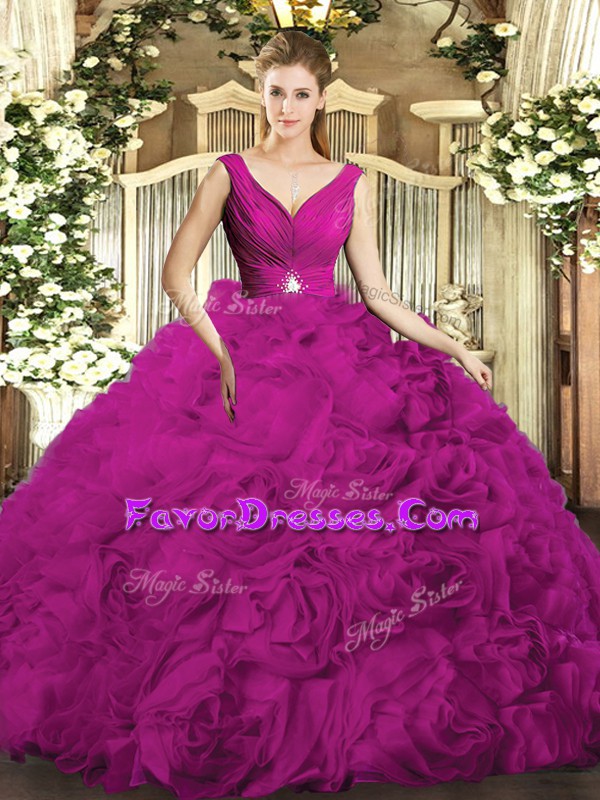 Fashionable Fuchsia Sleeveless Beading and Ruching Floor Length Sweet 16 Dress