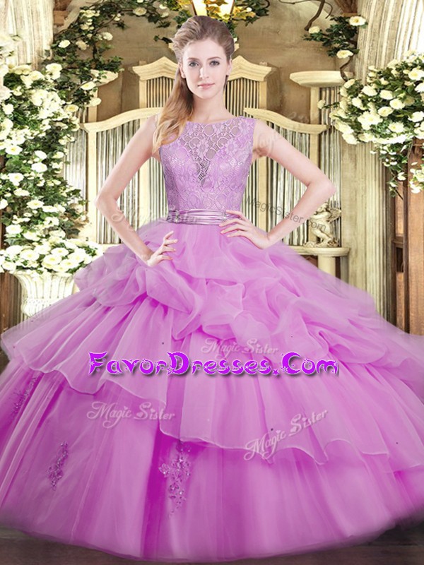  Lilac Ball Gowns Lace and Ruffled Layers Quince Ball Gowns Backless Organza Sleeveless Floor Length