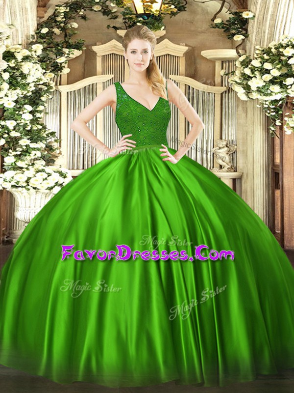  Satin V-neck Sleeveless Backless Beading and Lace Quinceanera Dress in Green