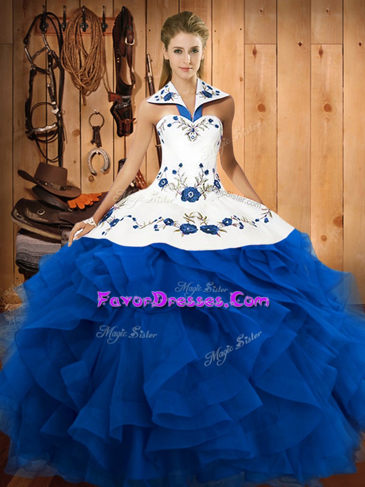 Shining Blue Halter Top Neckline Embroidery and Ruffles Quince Ball Gowns Sleeveless Lace Up