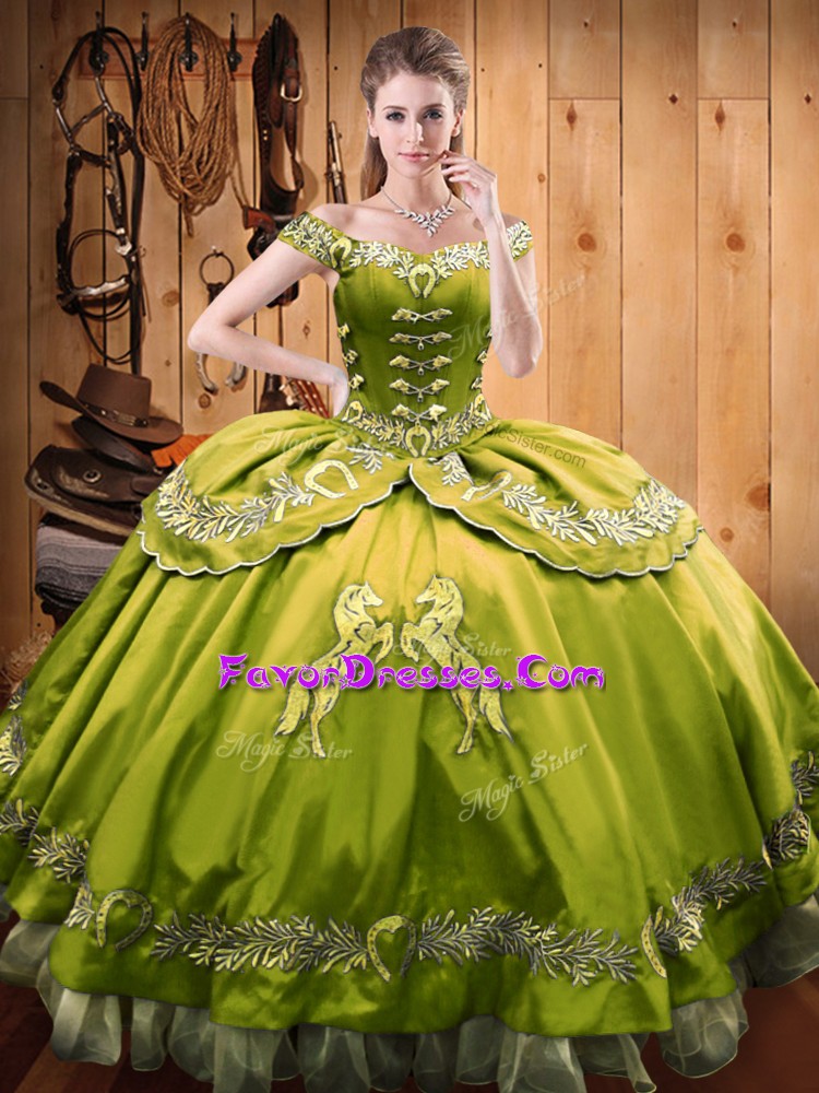 Off The Shoulder Sleeveless Quinceanera Dress Floor Length Beading and Embroidery Olive Green Satin and Organza