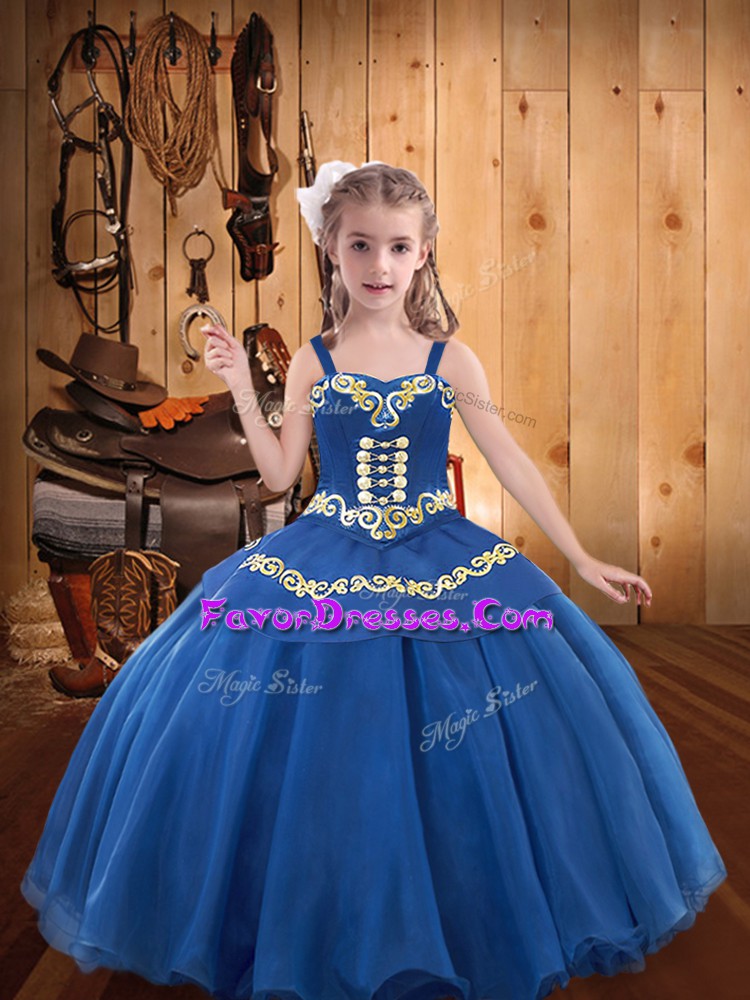 Enchanting Blue Ball Gowns Straps Sleeveless Organza Floor Length Lace Up Beading and Embroidery and Ruffles Child Pageant Dress