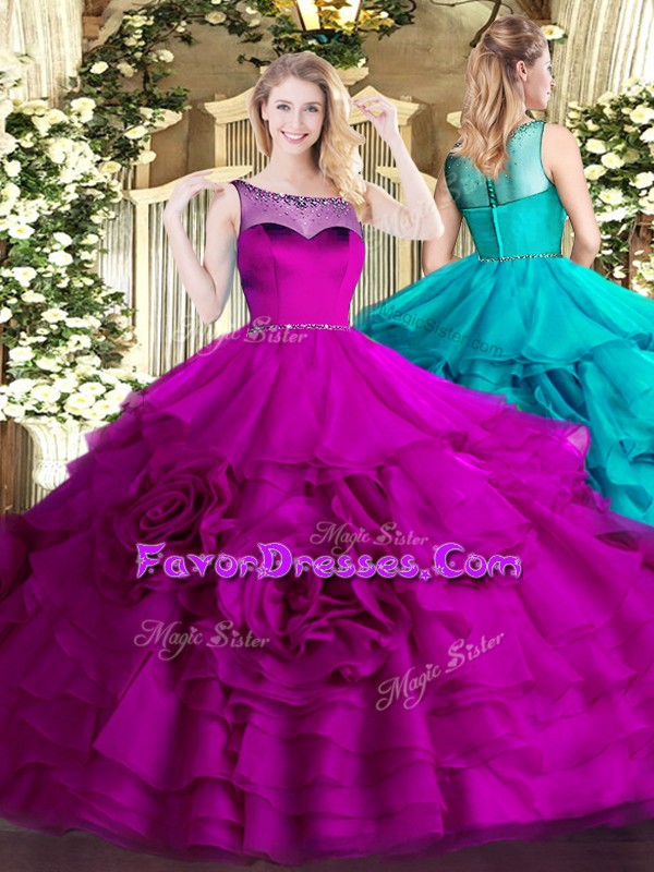 Top Selling Fuchsia 15 Quinceanera Dress Sweet 16 and Quinceanera with Beading and Ruffled Layers Scoop Sleeveless Zipper