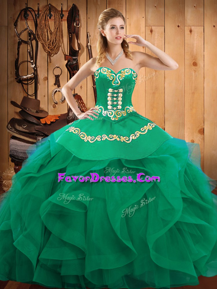 Smart Floor Length Turquoise Quince Ball Gowns Organza Sleeveless Embroidery and Ruffles