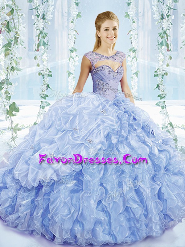  Blue Ball Gowns Beading and Ruffles and Pick Ups Sweet 16 Dresses Lace Up Organza Sleeveless