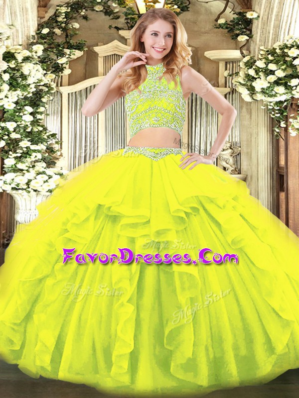 Wonderful Two Pieces 15th Birthday Dress Yellow Green High-neck Tulle Sleeveless Floor Length Backless