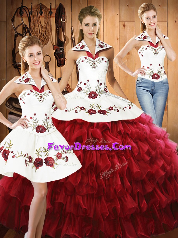  Wine Red Halter Top Neckline Embroidery and Ruffled Layers 15th Birthday Dress Sleeveless Lace Up