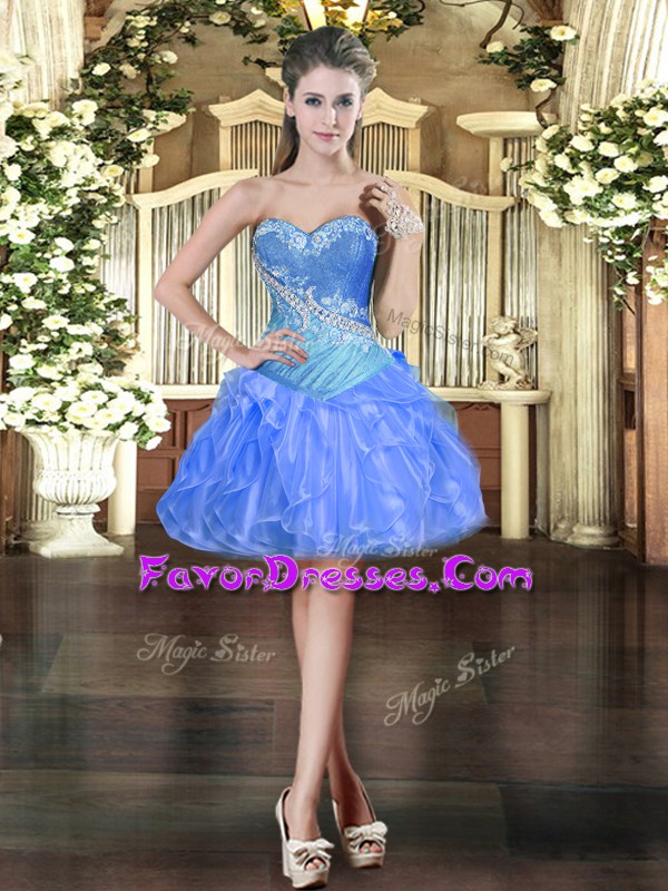  Blue Sweetheart Neckline Beading and Ruffles Prom Dress Sleeveless Lace Up