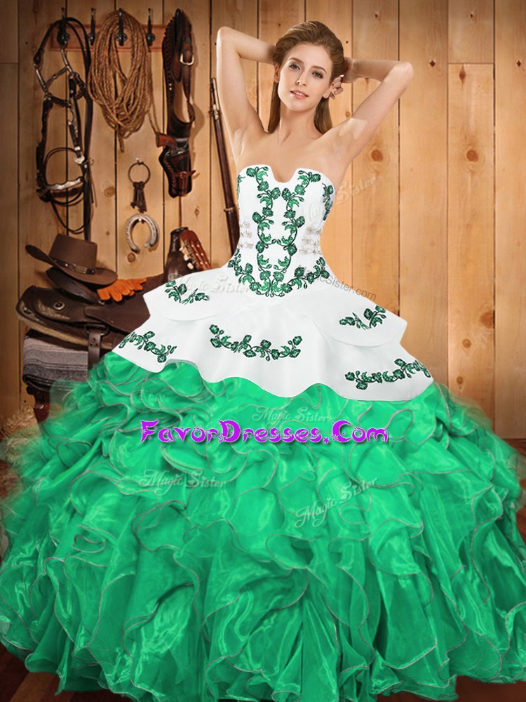 On Sale Turquoise Ball Gowns Embroidery and Ruffles 15 Quinceanera Dress Lace Up Satin and Organza Sleeveless Floor Length