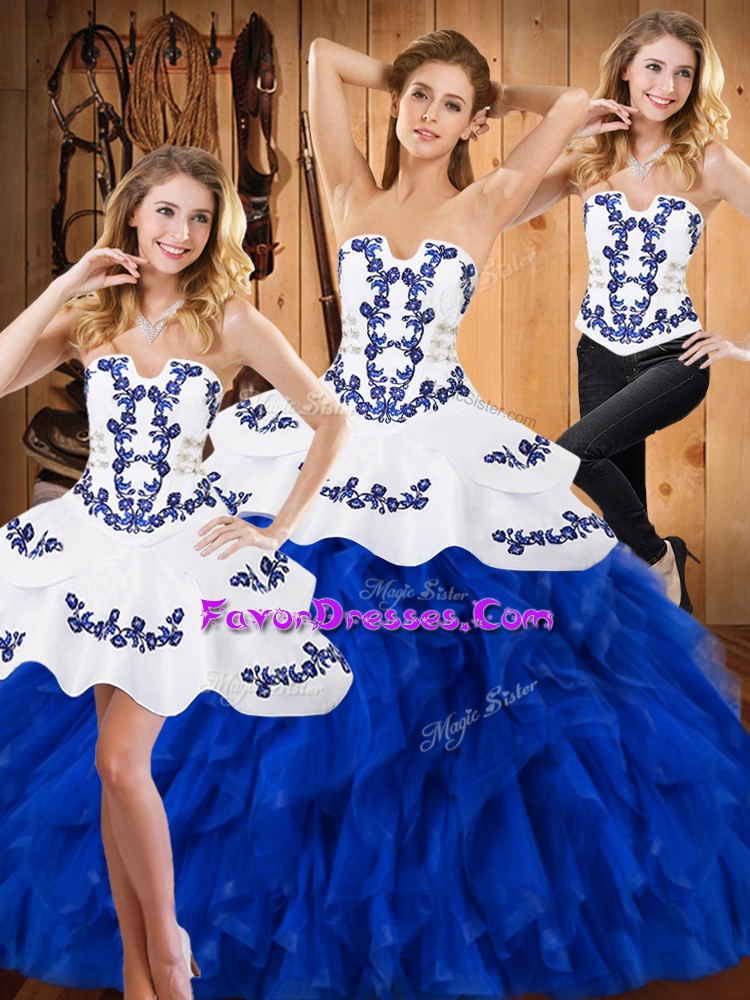 Sophisticated Three Pieces 15 Quinceanera Dress Blue And White Strapless Satin and Organza Sleeveless Floor Length Lace Up