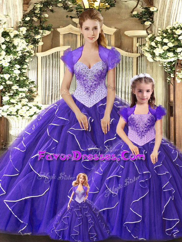  Purple Sleeveless Tulle Lace Up 15th Birthday Dress for Military Ball and Sweet 16 and Quinceanera