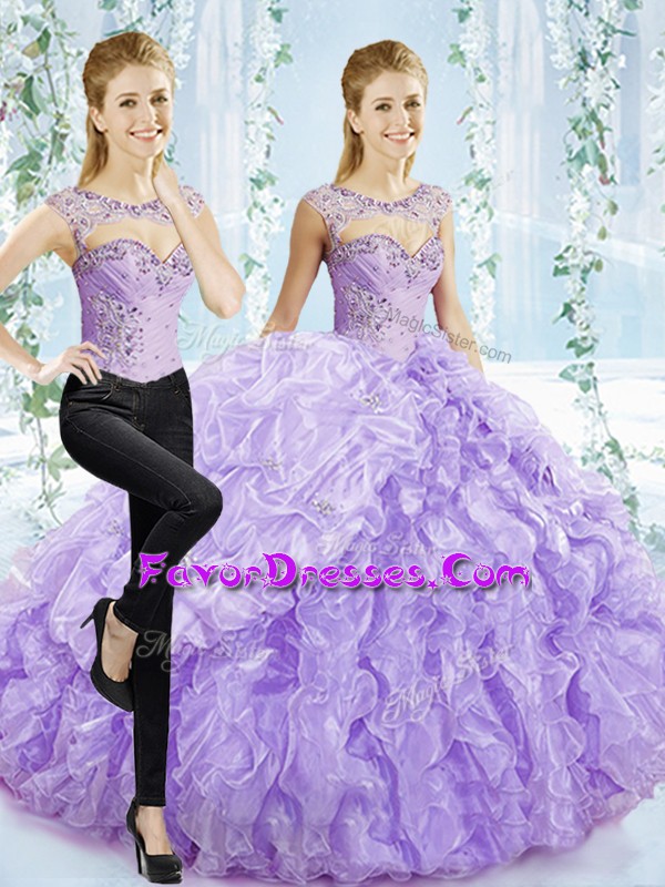  Beading and Pick Ups Quinceanera Dresses Lavender Lace Up Sleeveless Brush Train