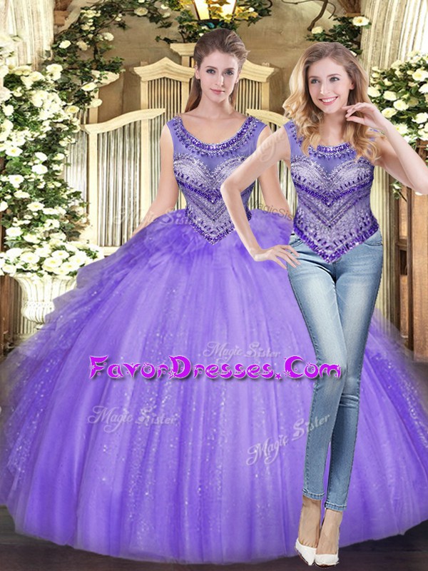  Floor Length Lace Up 15th Birthday Dress Lavender for Military Ball and Sweet 16 and Quinceanera with Beading and Ruffles