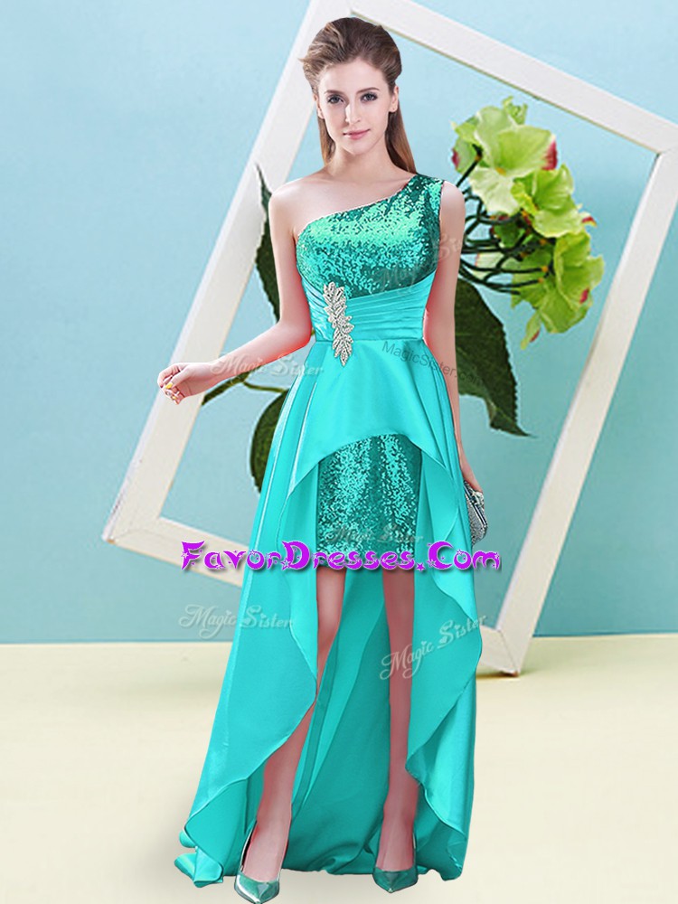  One Shoulder Sleeveless Prom Party Dress High Low Beading and Sequins Aqua Blue Elastic Woven Satin and Sequined