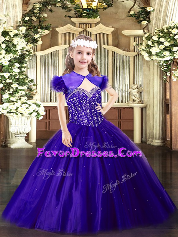 Trendy Purple Ball Gowns Tulle Straps Sleeveless Beading Floor Length Lace Up Little Girls Pageant Dress Wholesale