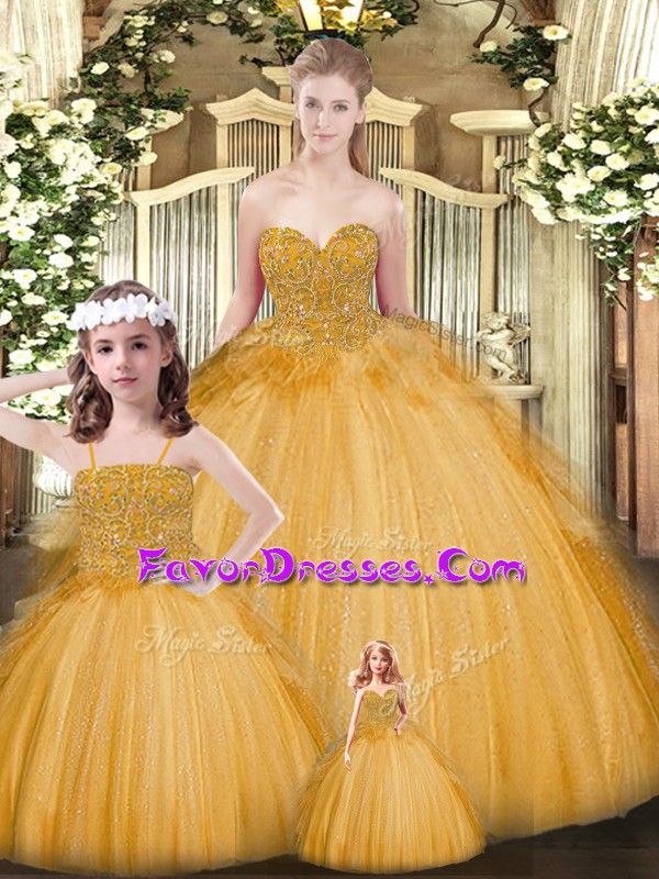 Fantastic Sleeveless Tulle Floor Length Lace Up Sweet 16 Quinceanera Dress in Gold with Beading and Ruffles