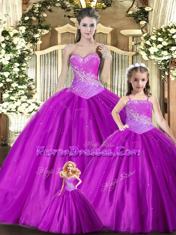  Purple Ball Gowns Tulle Sweetheart Sleeveless Beading and Ruching Floor Length Lace Up 15 Quinceanera Dress