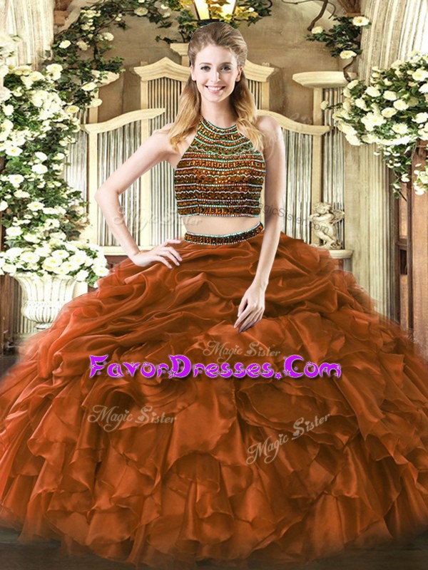 Edgy Sleeveless Tulle Floor Length Zipper Quinceanera Dresses in Brown with Beading and Ruffles