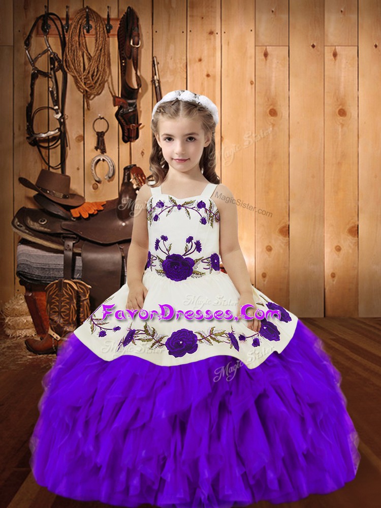 Great Sleeveless Organza Floor Length Lace Up Little Girls Pageant Gowns in Eggplant Purple with Embroidery and Ruffles