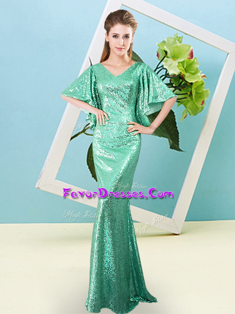  Turquoise V-neck Neckline Sequins Homecoming Dress Half Sleeves Zipper