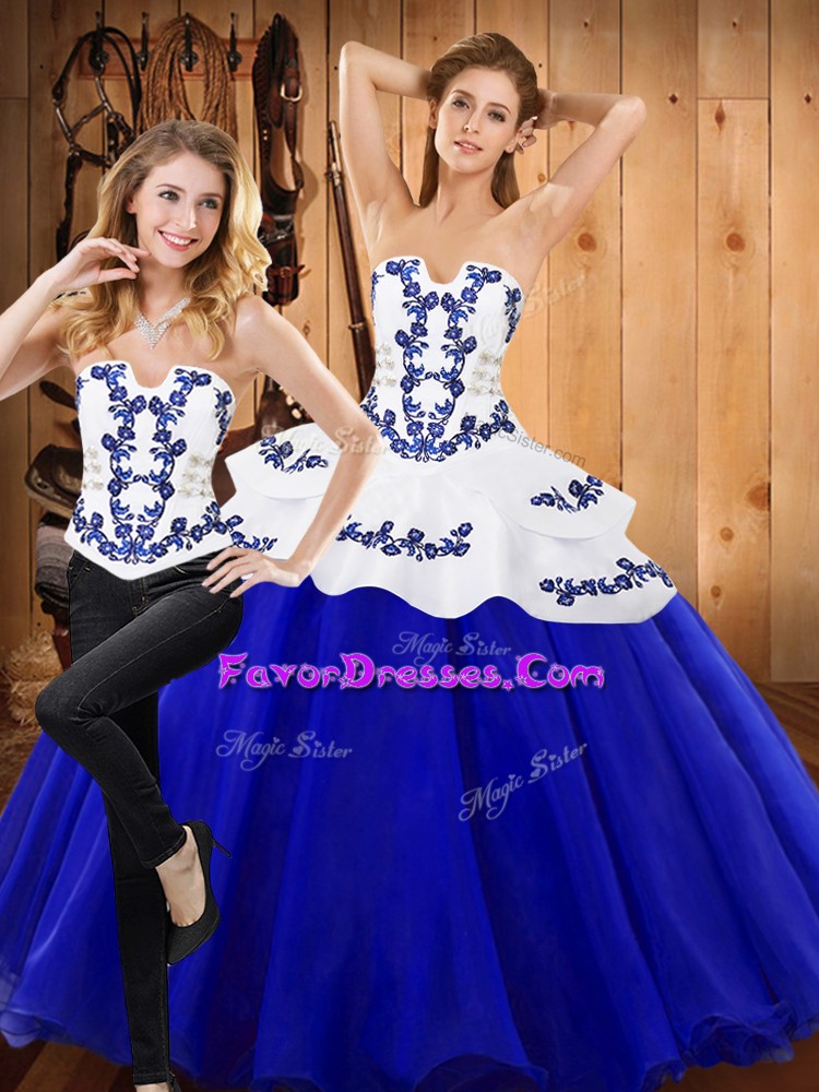 High End Royal Blue Sleeveless Floor Length Embroidery Lace Up Sweet 16 Quinceanera Dress