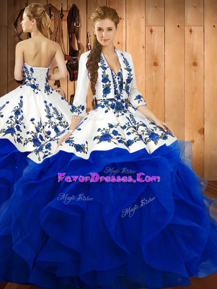  Blue Satin and Organza Lace Up Sweetheart Sleeveless Floor Length Vestidos de Quinceanera Embroidery and Ruffles