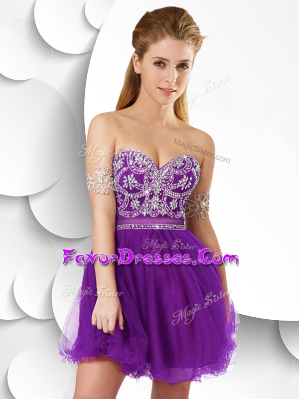 Low Price A-line Prom Dress Purple Sweetheart Tulle Sleeveless Mini Length Zipper