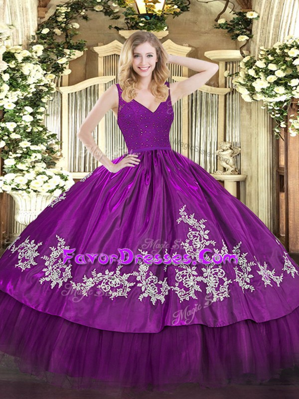 Wonderful Fuchsia Ball Gowns Beading and Appliques Vestidos de Quinceanera Zipper Taffeta Sleeveless Floor Length