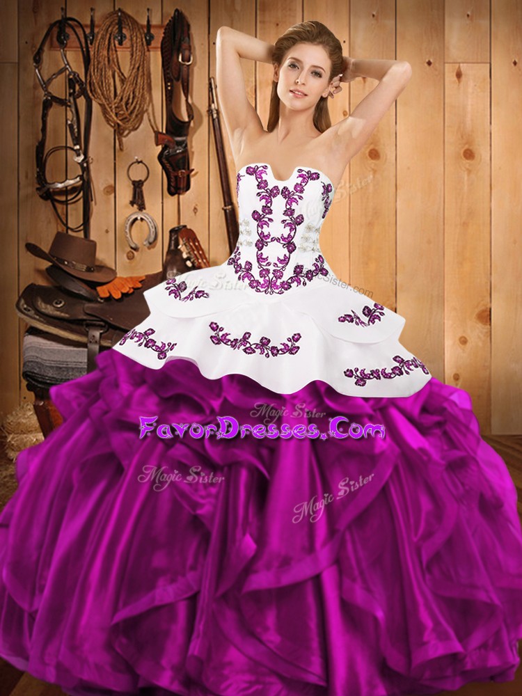Glorious Fuchsia Sleeveless Embroidery and Ruffles Floor Length 15 Quinceanera Dress