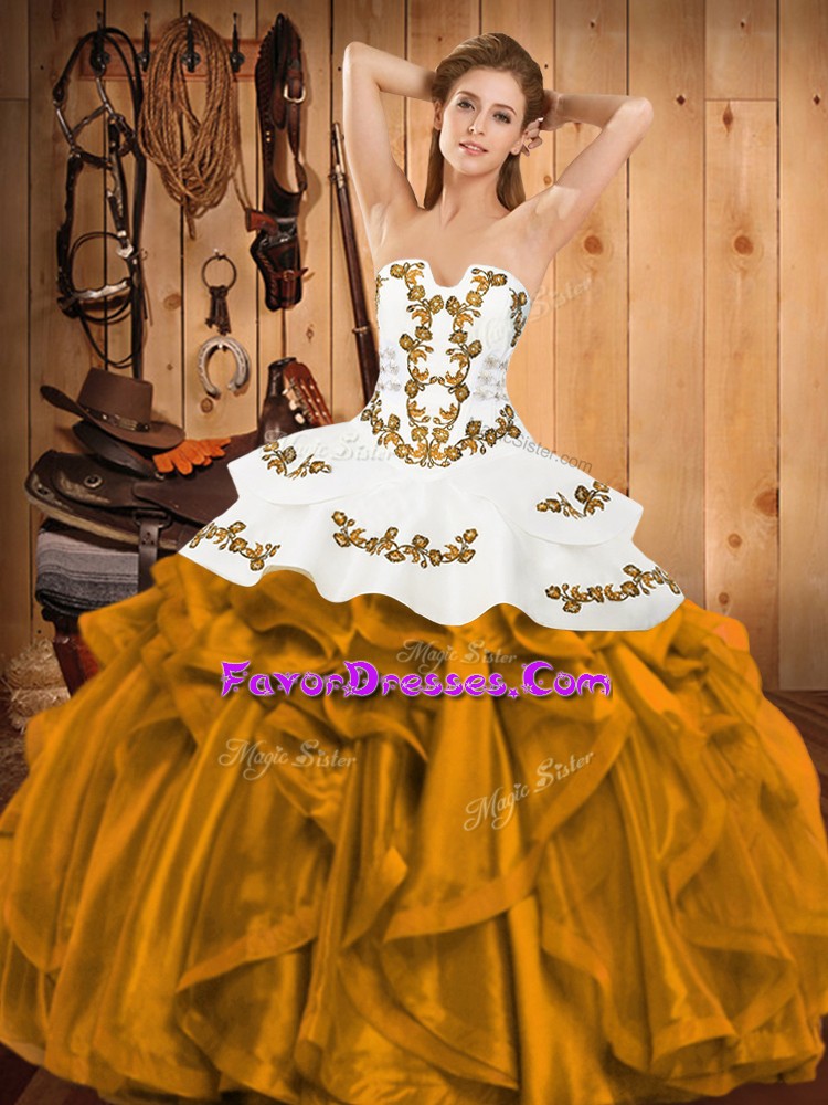  Gold Sleeveless Satin and Organza Lace Up Ball Gown Prom Dress for Military Ball and Sweet 16 and Quinceanera