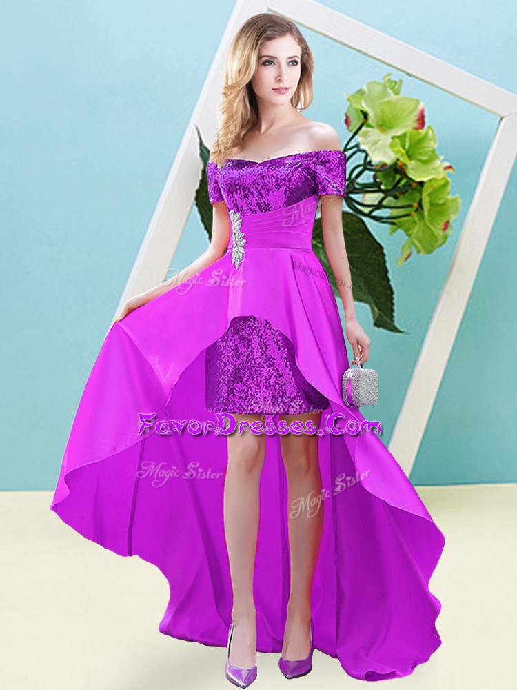  Off The Shoulder Short Sleeves Elastic Woven Satin and Sequined Prom Party Dress Beading Lace Up