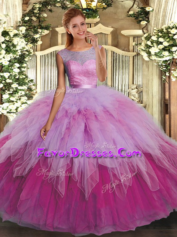  Scoop Sleeveless Organza Sweet 16 Quinceanera Dress Beading and Ruffles Backless