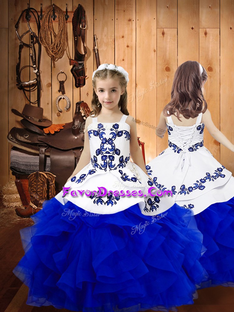  Royal Blue Little Girls Pageant Gowns Sweet 16 and Quinceanera with Embroidery and Ruffles Straps Sleeveless Lace Up