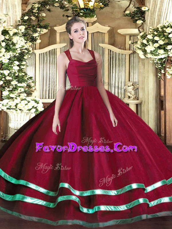  Ball Gowns Sweet 16 Dress Red Straps Organza Sleeveless Floor Length Zipper