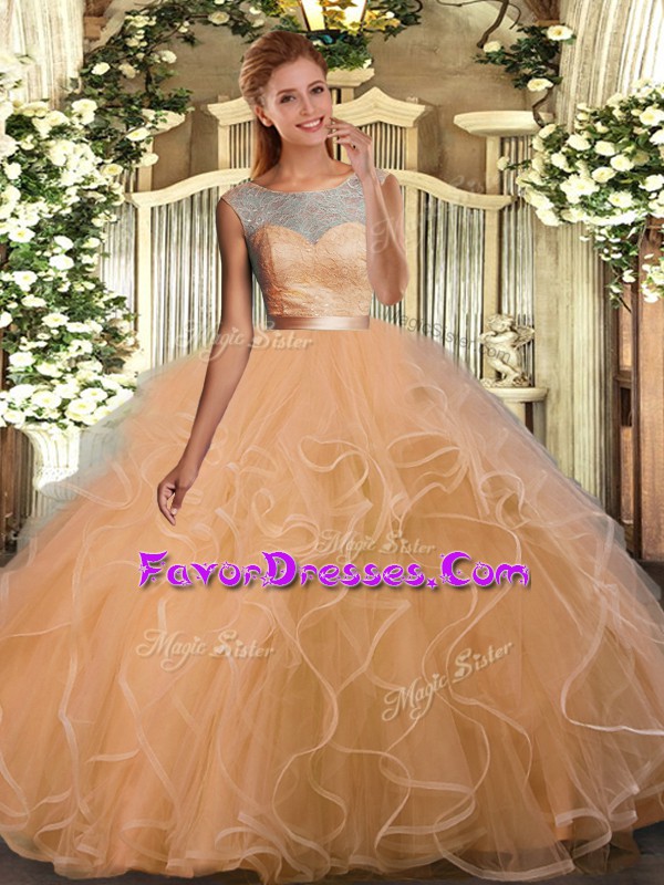 Adorable Peach Sleeveless Tulle Backless Quinceanera Gown for Military Ball and Sweet 16 and Quinceanera